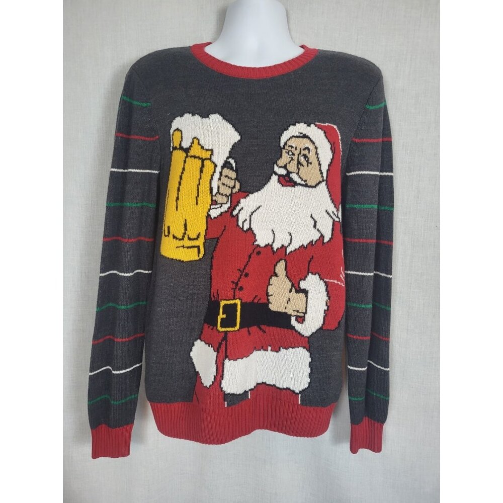 Ugly Christmas Sweater Santa Cheers Beer Mens M Long Sleeve Multi-Colored Unisex - Picture 1 of 5